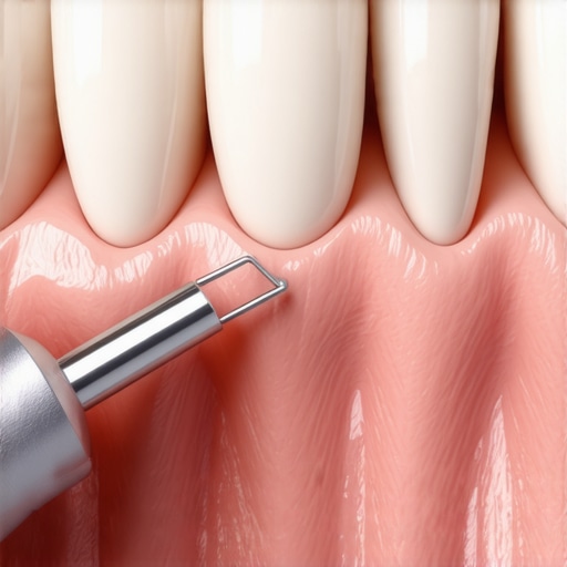Close-up of a precise dental crown margin Close-up shot of a porcelain crown margin showing the intersection with natural tooth and gum tissue.