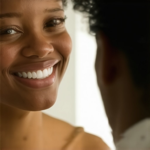 Person smiling at their reflection showing even dental alignment