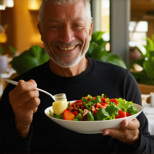 A man smiling while eating to demonstrate denture confidence.