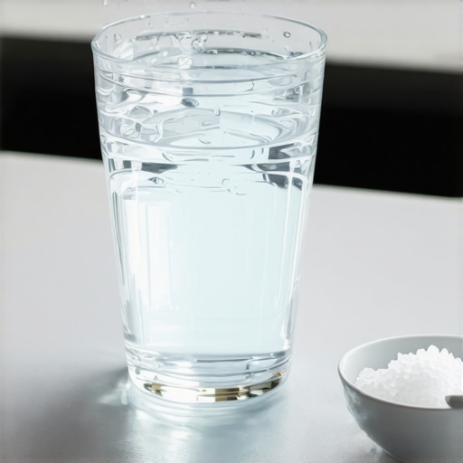 A glass of water and salt prepared for an oral rinse.