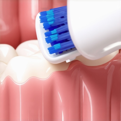 Diagram of an electric toothbrush held at a 45-degree angle to the gums