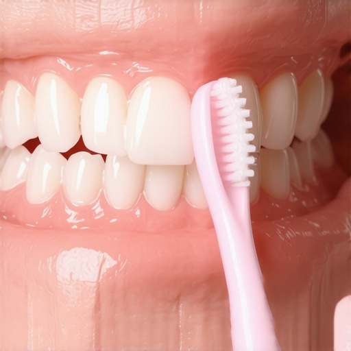 A soft toothbrush angled at 45 degrees against the gum line to prevent recession and bleeding.