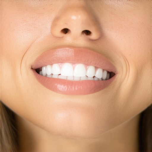 A person showing how to keep teeth apart while lips are closed to stop grinding.