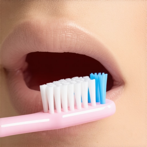 A close-up of a toothbrush angled at 45 degrees toward the gum line to reach plaque under the gingival margin.