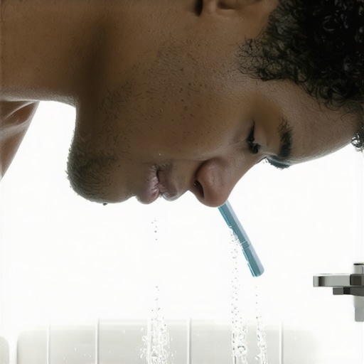 A demonstration of holding a water flosser at a 90-degree angle to the teeth while leaning over a sink.
