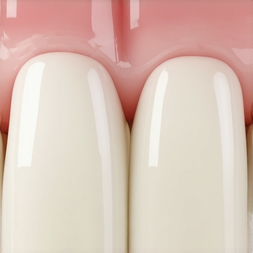 Close-up of a dental crown margin and healthy gums after a professional cleaning