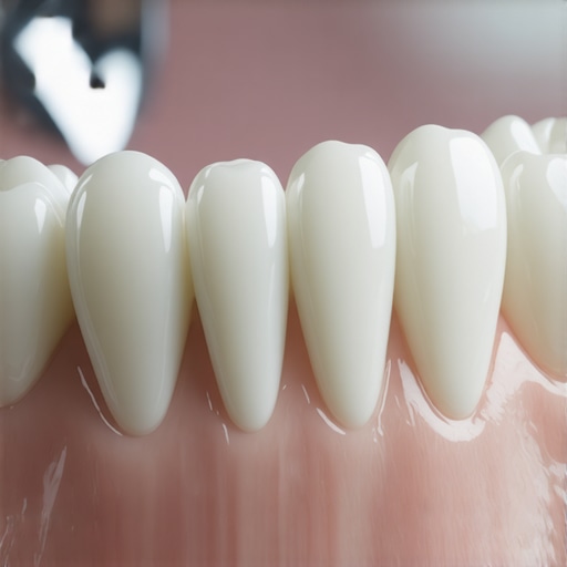 Dental Crown Margin and Gumline Health Close up view of a dental crown showing the junction where the porcelain meets the natural tooth and gumline.