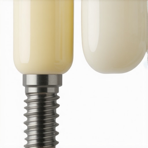 A detailed macro view of a dental implant showing the post, abutment, and crown.