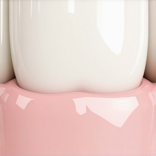 Close-up of a dental crown showing the junction between the restoration and natural tooth gumline.