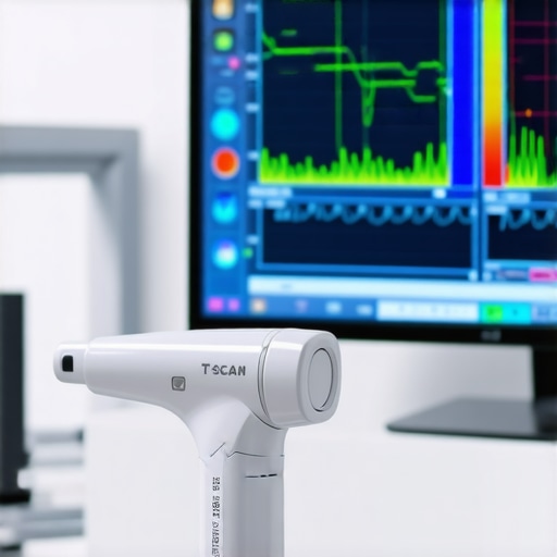 A dentist using a T-Scan digital sensor to check the bite alignment of a patient's dental crown.