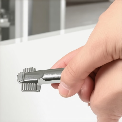 Effective Metal Tongue Scraper for Oral Hygiene A metal tongue scraper being held above a sink, illustrating a tool to remove white coating from the tongue.