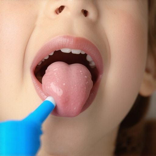 A child using a tongue scraper to improve oral health and freshen breath.