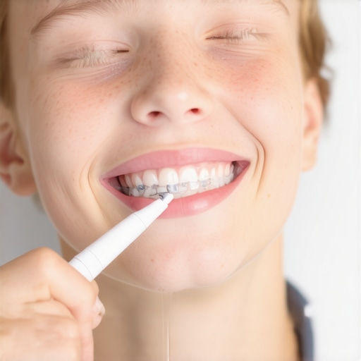 A teenager using a water flosser to clean their gums and dental hardware effectively.