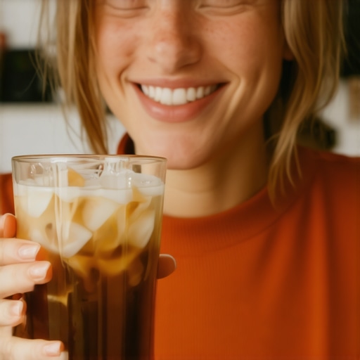 A person happily drinking iced coffee after treating tooth sensitivity
