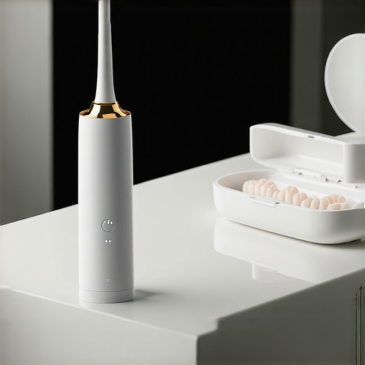 Essential Maintenance Tools for Crowns and Aligners Modern water flosser and clear aligner case on a bathroom vanity for dental care.