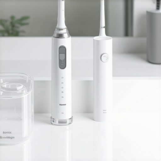 A collection of dental maintenance tools including a water flosser and sonic toothbrush.