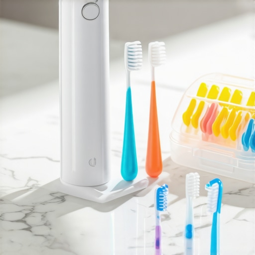 Essential Modern Dental Maintenance Tools A collection of professional dental tools including an electric toothbrush and interdental brushes on a bathroom counter.
