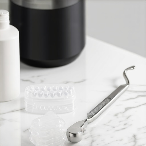 Ultrasonic cleaner and tongue scraper for oral hygiene maintenance.