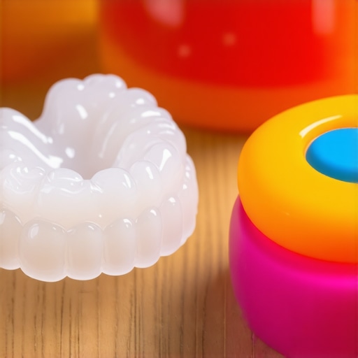 Close-up of a clear aligner tray and a silicone chewie tool for proper seating.