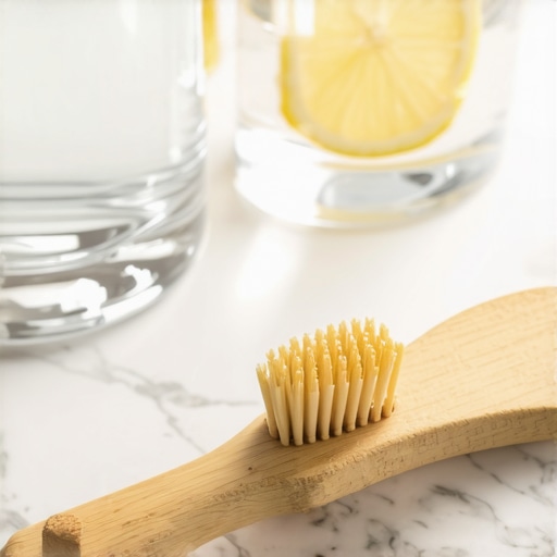 Tongue scraper and toothbrush on a marble counter to improve oral health