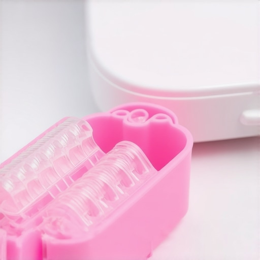 Essential Tools for Clear Aligner Maintenance Close up of Invisalign trays and munchie seating tools on a modern bathroom counter