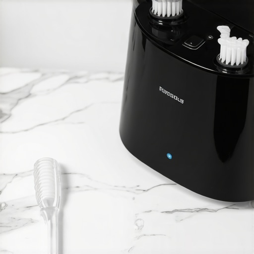 High-tech ultrasonic cleaner and soft brush used for maintaining Invisalign and dental crowns.