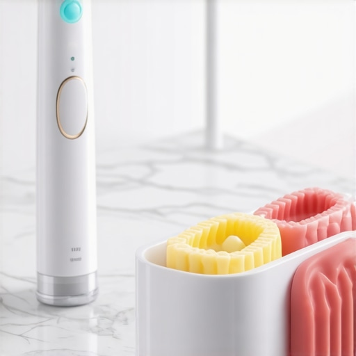 A collection of dental maintenance tools including a water flosser and aligner seating accessories on a counter.