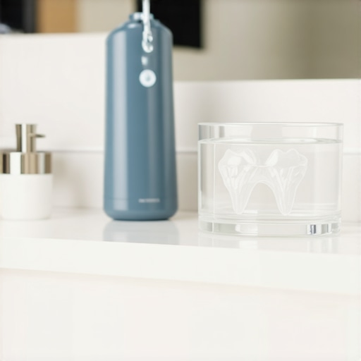 A collection of dental maintenance tools including a water flosser and clear aligners.