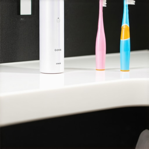 A cordless water flosser and child's toothbrush on a vanity representing home dental maintenance.