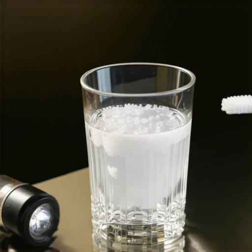 Essential Tools for Healing a Gum Injury Warm salt water, a soft toothbrush, and a flashlight on a bathroom counter for oral first aid.