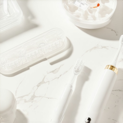 Professional dental maintenance tools for crowns and Invisalign on a clean bathroom counter.