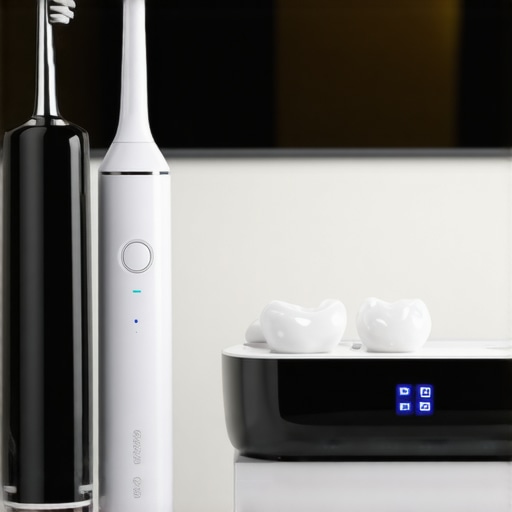 Essential Tools for Modern Family Dental Maintenance A water flosser and ultrasonic dental cleaner on a bathroom counter representing high-tech oral care.
