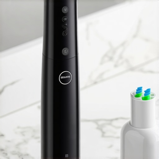 A cordless water flosser and ultrasonic cleaner on a bathroom counter