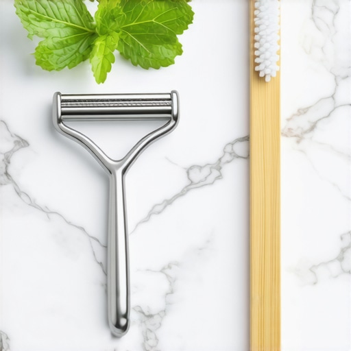 Essential tools for a fresh tongue and better oral hygiene A metal tongue scraper and toothbrush on a bathroom counter representing oral care routines.