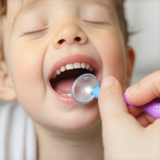 A parent using a flashlight and dental mirror to check a child's teeth for signs of demineralization or cavities.
