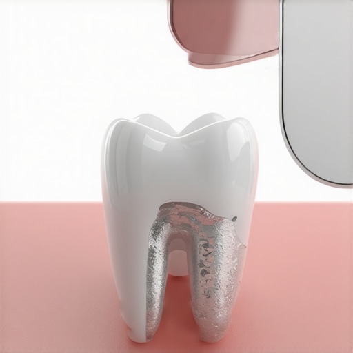 Close-up of a tooth with an old amalgam filling showing signs of wear and gaps at the edges.