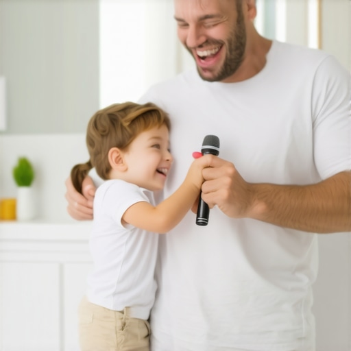 Family brushing dance party Father and child brushing teeth and dancing in the bathroom