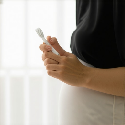 Gentle Brushing During Pregnancy Close-up of a soft-bristle toothbrush being used gently during pregnancy to protect loose teeth.
