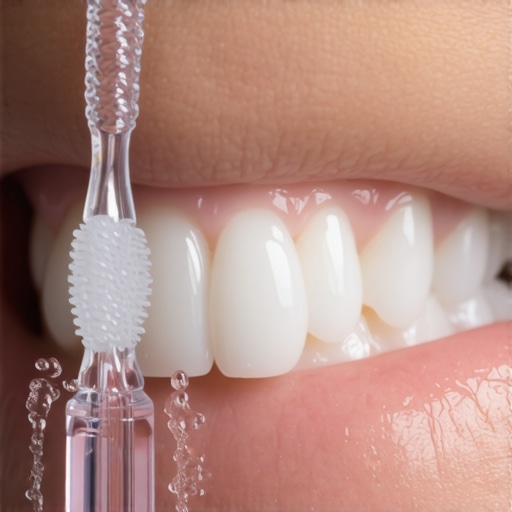 Gentle cleaning of clear aligners A close-up of a person using a soft-bristled brush to clean a clear dental aligner under a running tap.