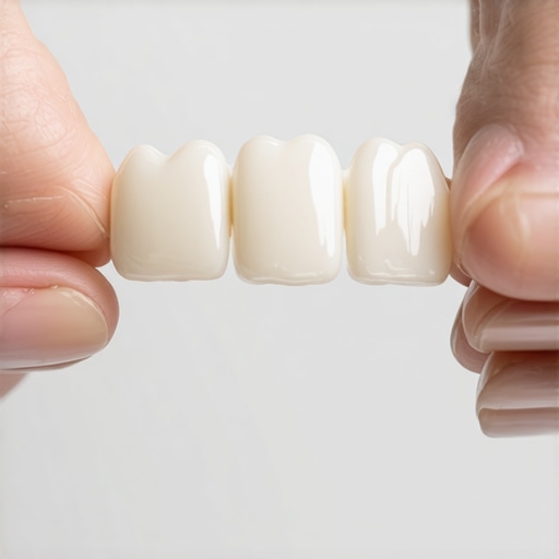 A person holding a dental bridge carefully to inspect for damage