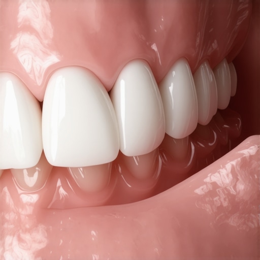 Healthy Dental Crown Margin Close up of a dental crown showing healthy gum margins and porcelain restoration.