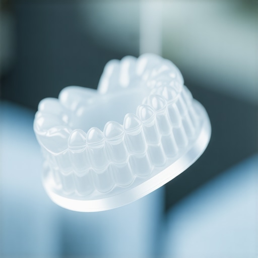 High-Precision Clear Aligner Inspection A detailed view of a clean Invisalign tray being checked for clarity and structural integrity.