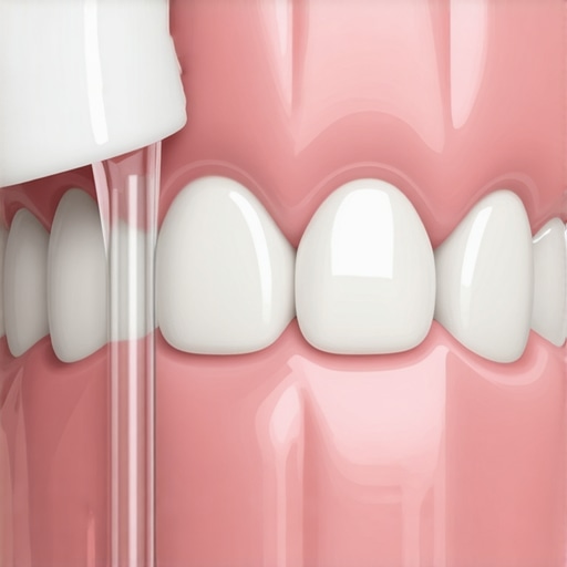 Close-up of water flosser cleaning dental crowns and gum line.