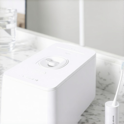 High-Tech Ultrasonic Cleaner for Dental Hygiene Modern ultrasonic dental cleaner on a bathroom counter
