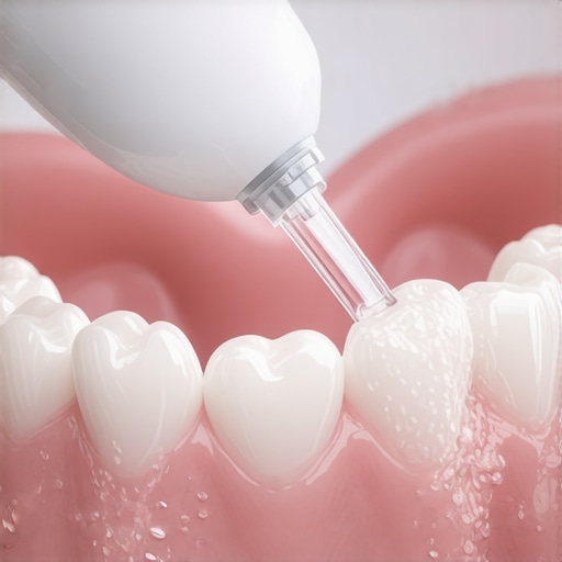 High-Tech Water Flossing for Crown Maintenance Modern cordless water flosser cleaning a dental crown