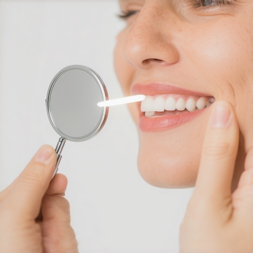 Home Dental Inspection with Flashlight A close up of someone checking their molars using a mirror and flashlight for dental spots.