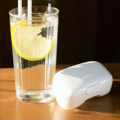 Hydration and Dental Care Essentials A glass of water and an Invisalign case on a table