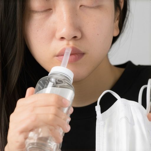 Hydration to Prevent Mask Mouth Person drinking water to stay hydrated while wearing a mask for oral health