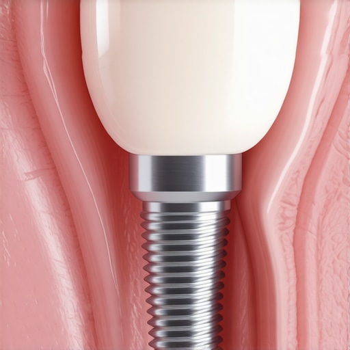 Close-up view of gum recession and an exposed dental implant thread due to over-brushing.