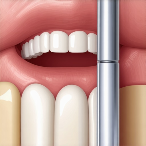 A dentist using a specialized probe to check the seal where a dental crown meets the patient's gum line.